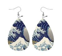Teardrop Leather Earring The Great Wave, Retro Japanese Kanagawa Pattern Fashion Drop Leather Earrings Lightweight Hookearrings For Party Anniversary Wife Birthday
