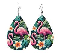 Teardrop Leather Earring Tropical Flamingos Plumeria Flowers Trendy Teardrop Dangle Earrings Lightweight For Party Anniversary For Women Girls