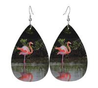 Teardrop Leather Earring Two Flamingos Printed Ornament Tear Drop Earring Trendy Drop Leather Earrings For Anniversary For Birthday Wife Birthday