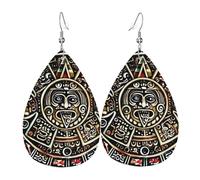 Teardrop Leather Earring Vintage Aztec Calendar Mayan Tear Drop Earring Trendy Hookearrings Lightweight For Wife Birthday For Birthday Party