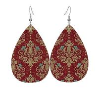 Teardrop Leather Earring Vintage Victorian Damask Maroon Gold Florals Burgundy Antique Tear Drop Earring Ornament Teardrop Dangle Earrings Fashion For For Women Girls Party For Birthday