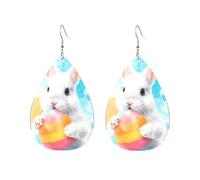Teardrop Leather Earring Watercolor Bunny Holding Easter Egg Tear Drop Earring Ornament Teardrop Dangle Earrings Lightweight For Birthday Party 2 Pairs