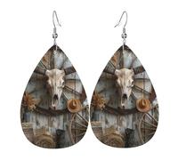 Teardrop Leather Earring Western Cow Skull Barn Country Ranch Cowboy Texas Rustic Teardrop Dangle Earrings Lightweight Tear Drop Earring Trendy For Anniversary Daily Wear 2 Pairs