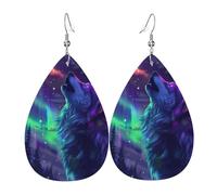 Teardrop Leather Earring Wolf Howling Northern Light Moon Neon Wild Animal Tear Drop Earring Ornament Drop Leather Earrings Fashion For Party Birthday 2 Pairs