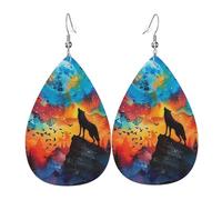 Teardrop Leather Earring Wolves Moon Wolf Forests Wild Animal Watercolor Colorful Tear Drop Earring Stylish And Beautiful Teardrop Dangle Earrings Women For Party Anniversary 2 Pairs