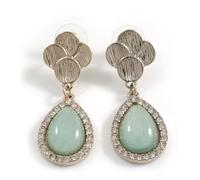 Teardrop Pale Green Glass/Clear Crystal Dangle Earrings in Light Gold Tone Metal - 45mm Long