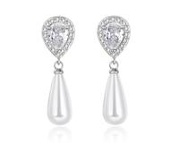 Teardrop Pearl Dangle Stud Earrings for Women/Ladie/Girls, Water Drop shape Cubic Zirconia Crystal Statement Diamond Jewelry, Vintage Silver Earrings for Wedding Gifts