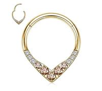 Teardrop Septum Clicker Ring 16G Daith Earrings Surgical Steel Gold Nose Ring Septum Jewellery Conch Piercing with Champagne CZ Seamless Clicker Ring Rook Helix Cartilage Tragus Hoop Earring 8mm