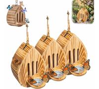 Teardrop Shaped Wooden Butterfly House, Pollinating Palace-wooden Hanging Butterfly House, Hanging Habitat & Feeder with Rope, Natural Insect Pollinator Ornament(3pcs)