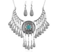Teardrop Tassel Sun Turquoise Pendant Necklace Earrings Jewelry Set for Women Bohemian Vintage Engraved Waterdrop Dangling ClavicleCollar Chain Necklaces Retro Geometric Flower Wreath Bib Jewellery