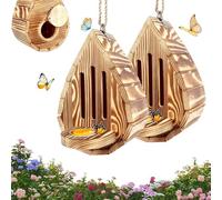 Teardrop Wooden Butterfly House and Feeder, Hanging Butterfly Habitat Box with Rope, Weatherproof Pollinator Shelter Feeding Station for Outdoor Garden Yard Decor (2 Pcs)