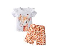 Tearfuty Baby Toddler Girls Fawn Print Ruffle Short Sleeve Top Pants Clothing Set White 3-4 Years