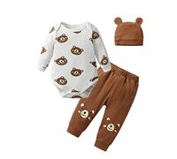 Tearfuty Newborn Baby Boy Clothes Little Bear Print Long Sleeve Romper + Pants + Hat 3pcs Clothing Sets（0 Months）