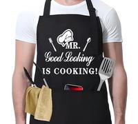 Tearmier Funny Aprons for Men, MR GOOD LOOKING IS COOKING, Waterproof Men's Funny Letter Print Apron Chef Husband Bib Aprons with Double Pocket, Adjustable Kitchen Cooking Bib Apron for Men(Black)