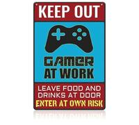 Tearmier Keep Out Gamer at Work Metal Tin Sign, 8x12 Inch Funny Gaming Room Wall Decor, Retro Gamer Sign For Teen Boy, Boyfriend,Rust-Proof Aluminium Poster for Bedroom, Office & Man Cave
