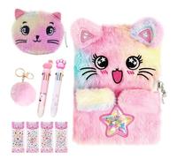 Tearmier Secret Diary with Lock for Girls, Plush Cat Journal Notebook Set Cat Lockable Diary with Pompoms Keychain, Multicolored Pen, Diamond Stickers Gift for 6-12 Year Old Girls Birthday Presents