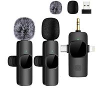 Tearstone Mini Microphone for iPhone Android Camera iPad USB-C, 4 in 1 Professional Wireless Lavalier Lapel Microphone for Recording, Live Stream, YouTube, Facebook, TikTok, Vlog (2 Pcs)