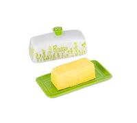 TEATALK Ceramic Butter Dish with Lid, Butter Keeper for Countertop, Butter Plate Decorative Rose Design Kitchenware, White and Green
