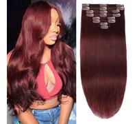 Tebelove Clip in Human Hair Extensions 100% Brazilian Remy Human Hair 100g for Women 8pcs/set with 18 Clips Double Weft (16 inch, Burgundy 99J)
