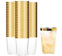 Tebery 100 Pack 12oz Gold Rimmed Plastic Cups, Clear Crystal Plastic Tumblers, Reusable Shot Glasses, Elegant Party Cups