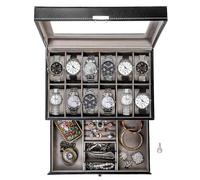 Tebery 12 Slot Watch Box Case Lockable with Glass Lid, 2 Layers Watch Holder Organizer Display with 1 Drawer for Rings and Bracelets, Gifts For Boyfriend Fathers Day Birthday (Black)