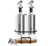 Tebery 2 Pack 300ml Olive Oil and Vinegar Bottle Set with Rack and Wooden Base, 10oz Glass Dispenser Bottles with Pourers and Funnel for Kitchen