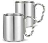 Tebery 2 Pack 300ml Stainless Steel Coffee Mugs with Hook Handle, 10oz Double Walled Travel Water Tea Coffee Cups for Backpacking, Camping, Hiking