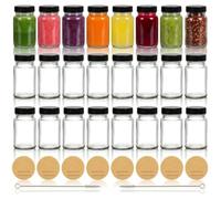 Tebery 24 Pack 2oz Glass Shot Jars, 60ml Mini Juice Bottles with Black Lids, Small Clear Jar for Ginger, Wellness Shot, Juice, Sample, Whiskey, Potion, Oils, with Waterproof Stickers and Brush