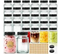 Tebery 24 Pack 2oz Glass Shot Jars Mini Juice Bottles with Black Lids, Small Clear Jar for Ginger, Wellness Shot, Juice, Sample, Whiskey, Potion, Oils, with Waterproof Stickers and Brush