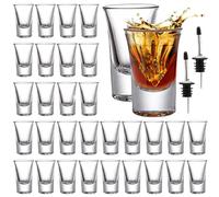 Tebery 30 Pack 35ml Shot Glass Bulk Heavy Base, 1.2oz Tequila Glass Set with 2 Bottle Pourer, Clear Small Whiskey Shot Glass Cups for Vodka, Liquors, Cocktail, Espressos, Bar