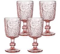 Tebery 4 Pack 300ml Pink Glass Wine Goblet Vintage, 10oz Colored Beverage Stemmed Glass Cups, Embossed Design Glassware Set for Water, Juice, Wine,Beer and Cocktails