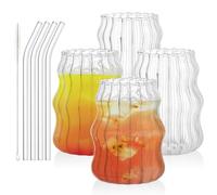 Tebery 4 Pack 480ml Ribbed Glass Cups with Glass Straw, 16Oz Vintage Drinking Glassware Ripple Cocktail Glasses for Iced Coffee Juice Beverage Milk
