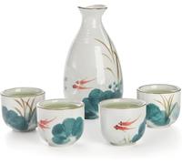 Tebery 5 Pieces Ceramic Japanese Sake Set Soju Tea Set, Porcelain Sake Tokkuri Bottle 8 fl oz and 2 fl oz Sake Ochoko Cups(Goldfish)