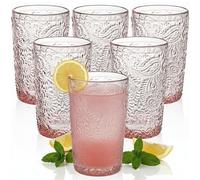 Tebery 6 Pack 350ml Pink Highball Glasses Beverage Cups, 12oz Old Fashioned Drinking Tumbler, Romantic Water Glasses Vintage Glassware Set for Water, Juice, Wine, Beer and Cocktails