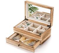 Tebery Rustic Wooden Jewelry Box Organizer with Mirror for Girls Women, 2 Layer Large Vintage Jewelry Storage Case with Ring Tray for Necklace Earring Bracelets Rings(Torched Wood)