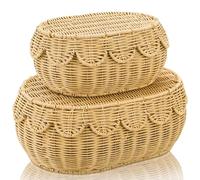 Tebery Set of 2 Wicker Storage Baskets with Lid, Decorative Rattan Basket Boxes for Shelf, Scalloped Edge Woven Storage Bin Organizer for Home Decoration, Display
