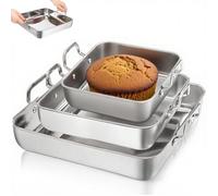 Tebery Set of 3 Square Cake Pan, Deep Stainless Steel Baking Pans with Handle, Nonstick Lasagna Brownie Roasting Pan, Sturdy Bakeware Serving Set for Birthday Wedding, Oven Dishwasher Safe