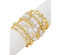 TEBIEKOY 7Pcs Gold Beaded Pearl Bracelet Set for Women, Boho Stackable Layered Bracelet Summer Beach Vacation Jewelry Accessories with Shell Charms and Baroque Pearls for Women
