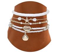 TEBIEKOY Boho Gold Ankle Bracelet Set for Women,Shell Boho Bead Adjustable Anklet, Hawaiian Heart Conch Starfish Foot Jewelry, 8.66IN, Plastic, no gemstone