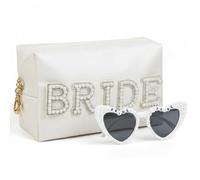 TEBIEKOY Bride To Be Gift Set - Bride Makeup Bag and Pearl Sunglasses, Bling Pearl Patch Cosmetic Bag Heart Sunglasses, Waterproof PU Travel Toiletry Bag Bride Sunglasses for Engagement Party