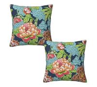 Tebjh Chinoiserie Peony Flower Pillow Covers 18x18 Set of 2, Navy Floral Throw Pillow Covers Outdoor Decorative Pillow Case for Couch Bed Sofa Cushion Home Decor