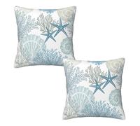 Tebjh Nautical Coastal Beach Pillow Covers 16x16 Set of 2, Ocean Themed Seashell Coral Starfish Throw Pillow Covers Outdoor Decorative Pillow Case for Couch Bed Sofa Cushion Home Decor