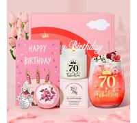 Tecanne 70th Birthday Pamper Gift Set for Women - Personalised Glass Wine Glass, Gin Gift Box for Retirement - For Mum, Grandma, Sister, Best Friends