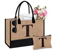 Tecanne Initial Jute Tote Bag & Makeup Bag, Birthday Gifts for Women Her Mum Teacher, Suitable for Wedding, Beach, Holiday (T)
