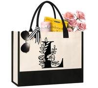 Tecanne Personalized Initial Canvas Tote Bag, Cosmetic Bags, Suitable for Birthday, Wedding, Beach, Holiday, Great Birthday Gifts for Women, Mom, Teachers, Nurses, Best Friends, Bridesmaids (L)