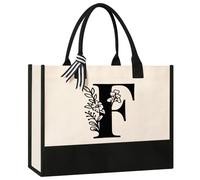 Tecanne Personalized Initial Canvas Tote Bag, Cosmetic Bags, Suitable for Birthday, Wedding, Beach, Holiday, Great Birthday Gifts for Women, Mom, Teachers, Nurses, Best Friends, Bridesmaids (F)
