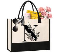 Tecanne Personalized Initial Canvas Tote Bag, Cosmetic Bags, Suitable for Birthday, Wedding, Beach, Holiday, Great Birthday Gifts for Women, Mom, Teachers, Nurses, Best Friends, Bridesmaids (N)