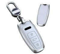 TECART Aluminum Alloy Leather Car Key Case Keyring fit for Audi A6 A7 A8 E-Tron S6 RS6 S7 RS7 Q7 SQ7 Q8 SQ8 A6L A8L Q4 D5 4N GT 4M 8Y 3 Buttons Key Shell Keyring Key Fob Holder Keychain A White