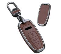 TECART Aluminum Alloy Leather Car Key Case Keyring fit for Audi A6 A7 A8 E-Tron S6 RS6 S7 RS7 Q7 SQ7 Q8 SQ8 A6L A8L Q4 D5 4N GT 4M 8Y 3 Buttons Key Shell Keyring Key Fob Holder Keychain A Brown