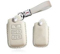 TECART Car Key Case Leather Smart Key Covers Protector Case fit for Discovery 5 Range Rover Evoque Sport Key Fob Holder Case fit for Jaguar E-PACE I-PACE 5 Buttons Key Fob Keychain White
